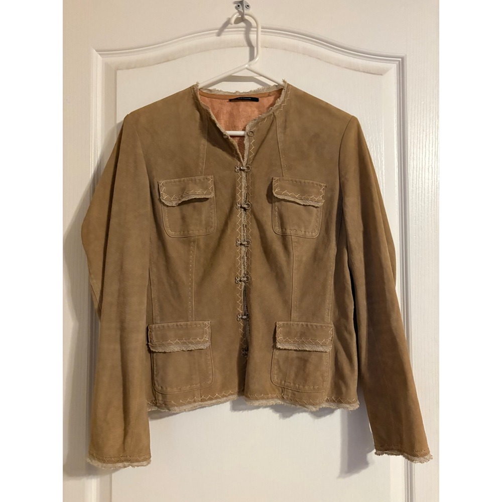 Elie Tahari Leather Jacket Womens M Tan Excellent Linen Trim Boho E3378J08